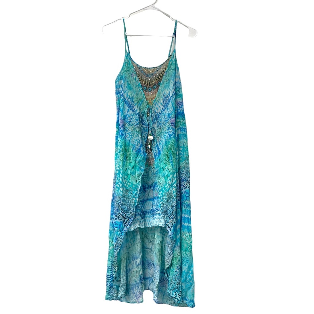 Blue-Green Patterned High-Low Maxi Dress with Embellished Neckline